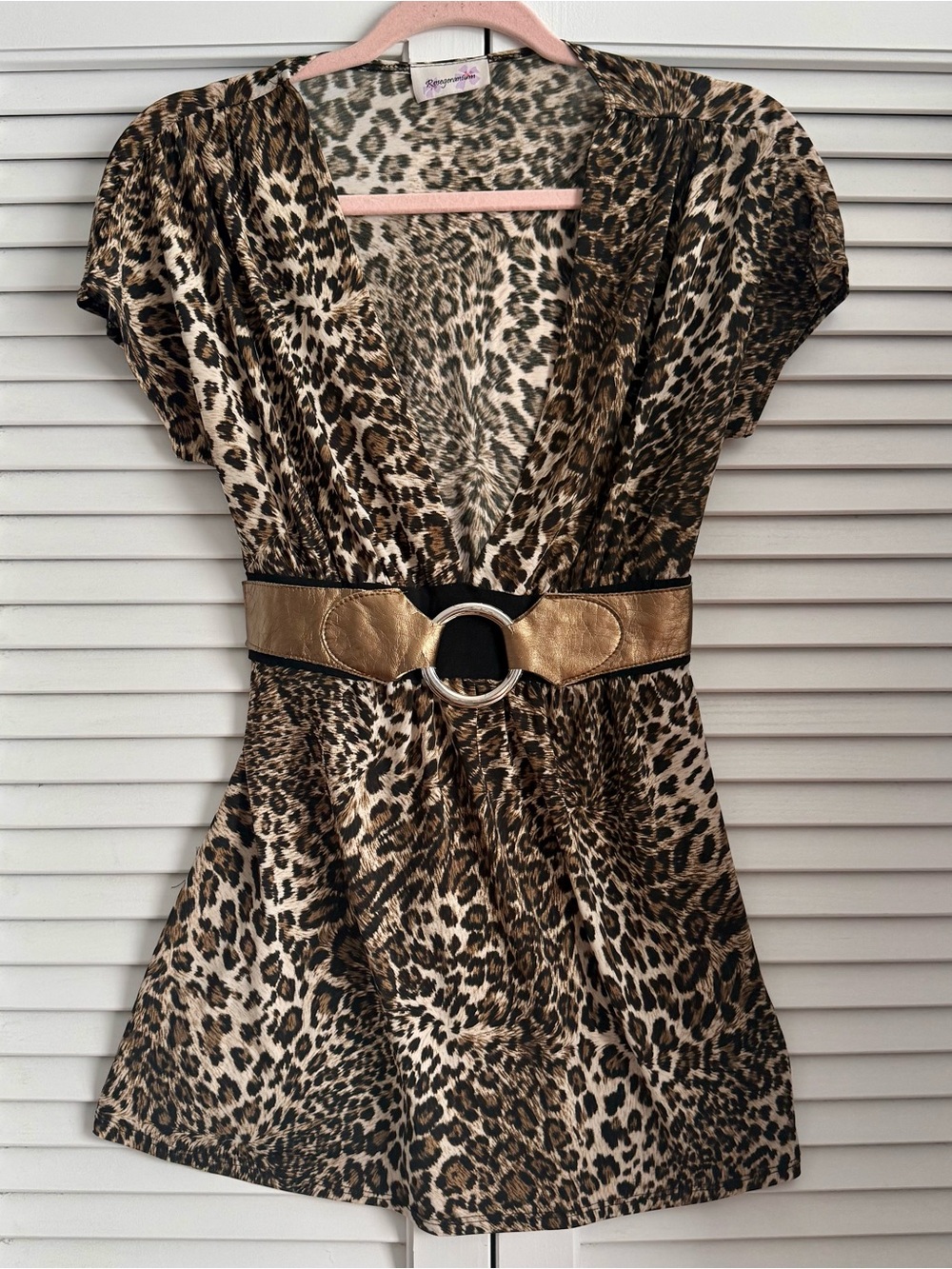 Y2K Leopard Print V-Neck Tunic with Gold Belt